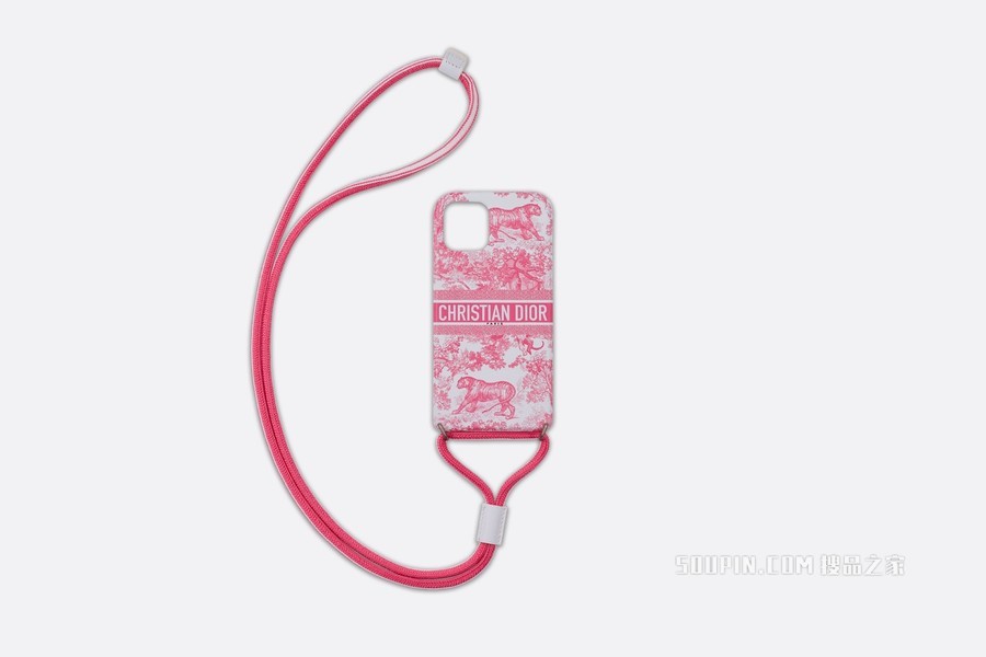 DiorTravel iPhone 12 Pro 手机壳 牡丹粉色光滑牛皮革茹伊印花 搭配挂绳 支持 MagSafe