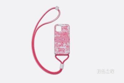 DiorTravel iPhone 12 Pro 手机壳 牡丹粉色光滑牛皮革茹伊印花 搭配挂绳 支持 MagSafe