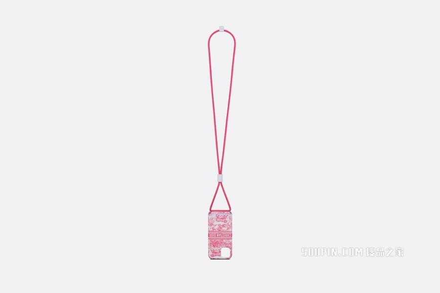 DiorTravel iPhone 12 Pro 手机壳 牡丹粉色光滑牛皮革茹伊印花 搭配挂绳 支持 MagSafe