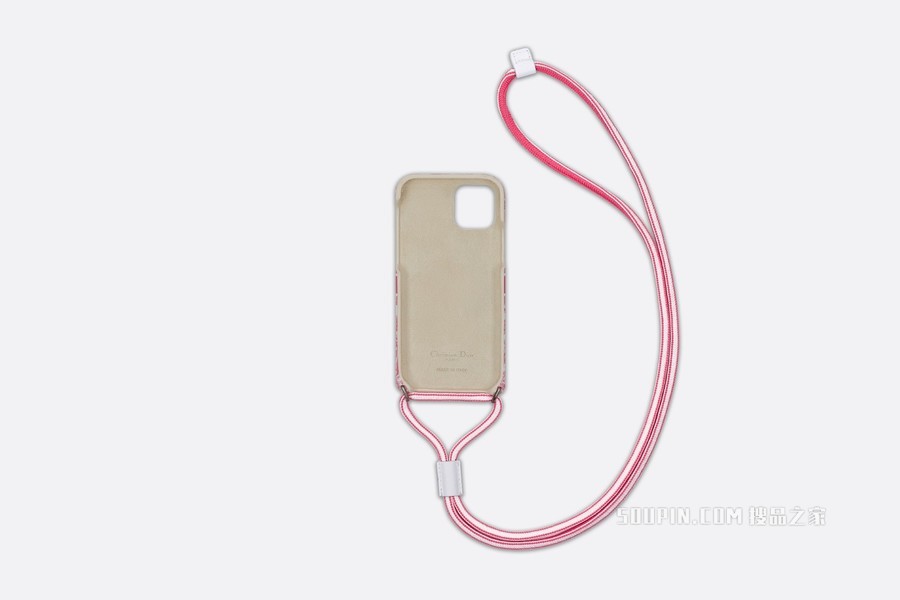 DiorTravel iPhone 12 Pro 手机壳 牡丹粉色光滑牛皮革茹伊印花 搭配挂绳 支持 MagSafe