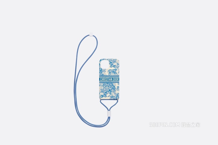 DiorTravel iPhone 12 Pro Max 手机壳 矢车菊蓝光滑牛皮革茹伊印花 搭配挂绳 支持MagSafe