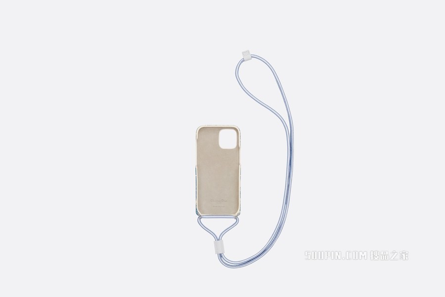DiorTravel iPhone 12 Pro Max 手机壳 矢车菊蓝光滑牛皮革茹伊印花 搭配挂绳 支持MagSafe