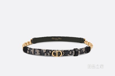 Dior Caro 腰带 15 毫米蓝色提花面料 Oblique 印花和光泽金色饰面金属
