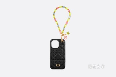 Dior Caro iPhone 13 Pro 手机壳 黑色牛皮革藤格纹搭配手链