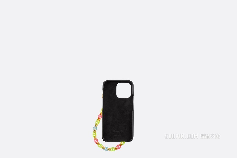 Dior Caro iPhone 13 Pro 手机壳 黑色牛皮革藤格纹搭配手链