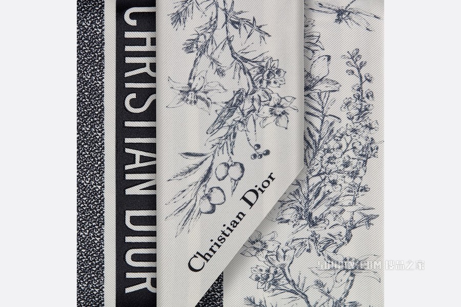 Mitzah 丝巾 象牙色和蓝色桑蚕丝斜纹面料花朵茹伊印花