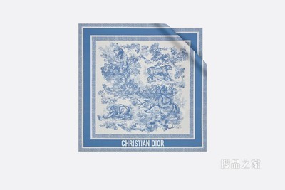 Dior 印花方巾 象牙色和矢车菊蓝色桑蚕丝斜纹面料 Sauvage 茹伊印花