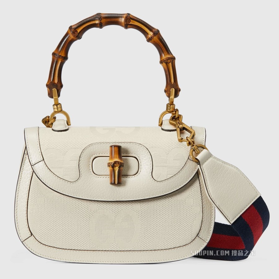 Gucci Bamboo 1947系列竹节小号手袋 白色帆布