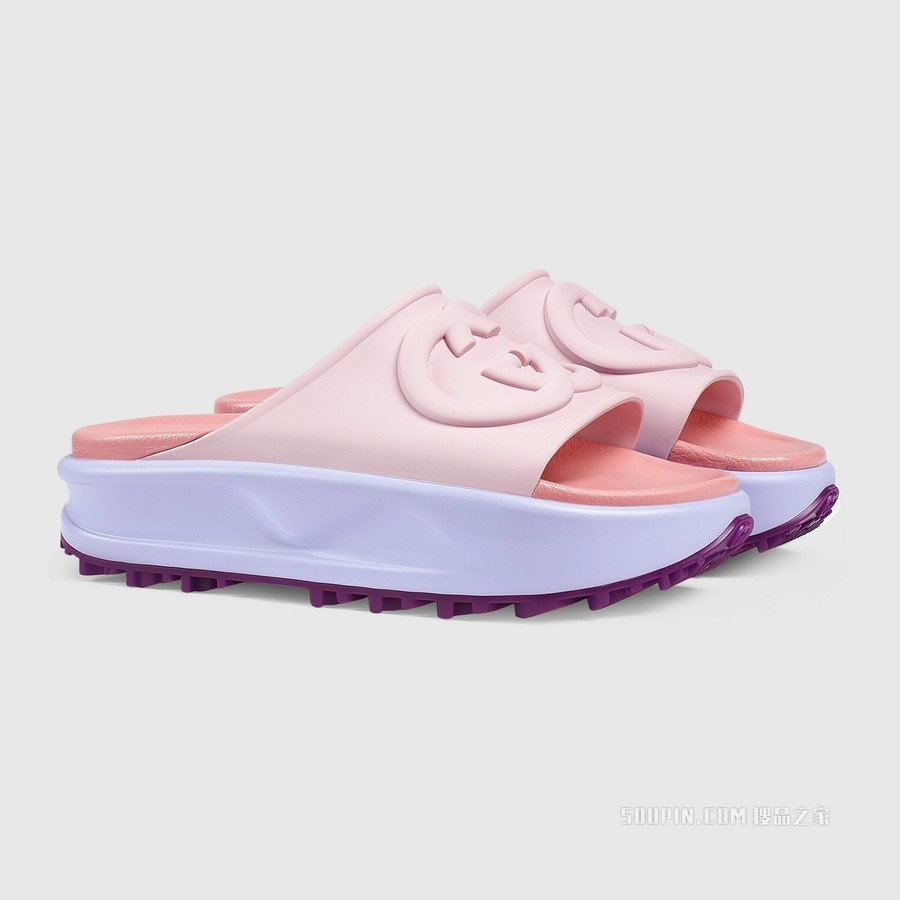 女士互扣式双G拖鞋 粉色和紫色橡胶