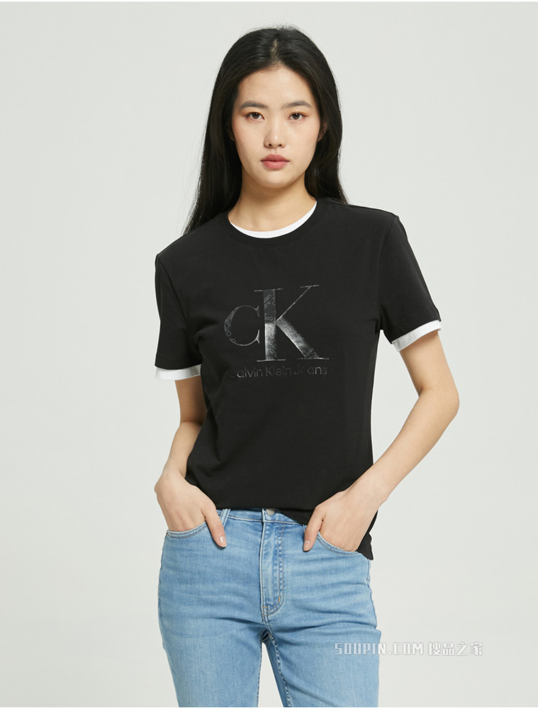 Calvin Klein 女士休闲圆领同大身色胶质LOGO短袖T恤J218907