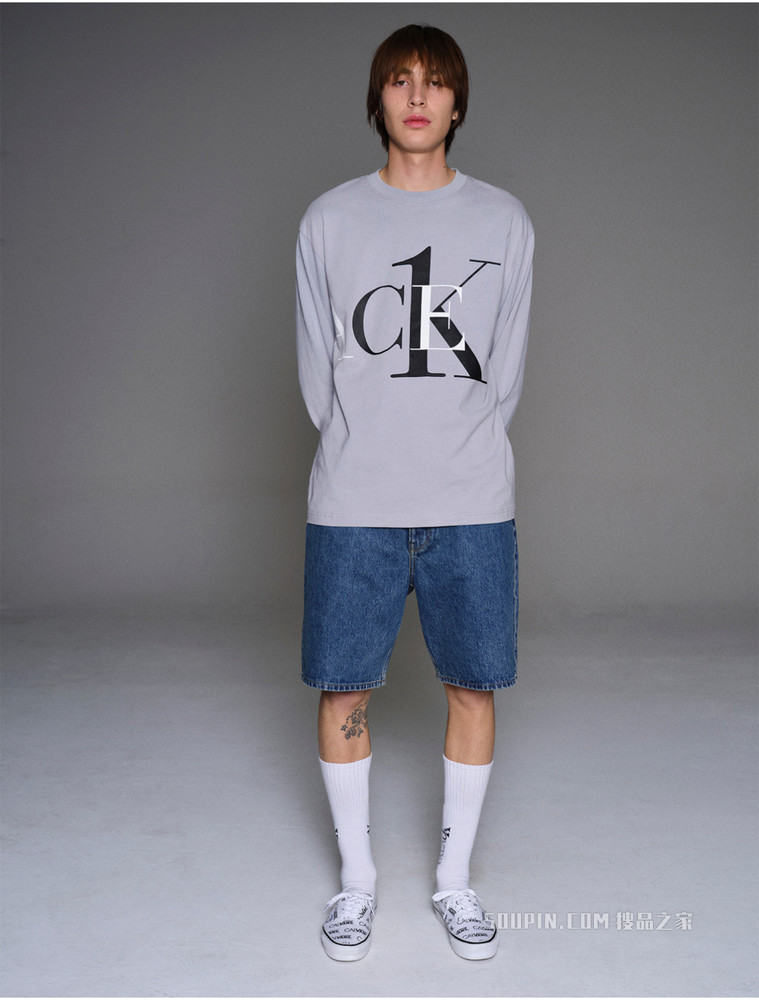 【Palace联名】Calvin Klein 男女同款圆领纯棉烫印LOGO长袖T恤40316UC