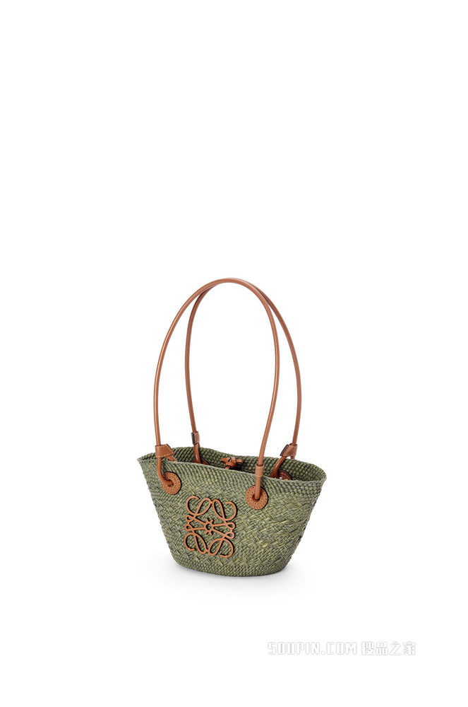迷你伊拉卡棕榈纤维和牛皮革 Anagram Basket 手袋
