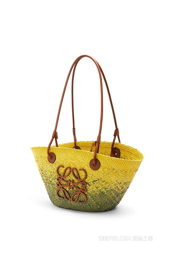 小号伊拉卡棕榈纤维和牛皮革 Anagram Basket 手袋