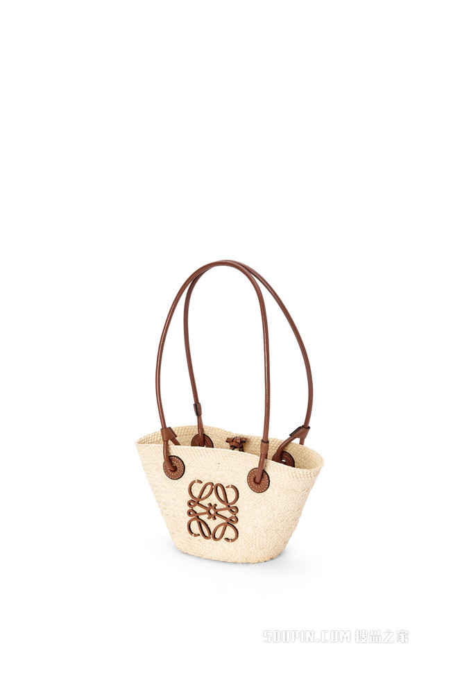 迷你伊拉卡棕榈纤维和牛皮革 Anagram Basket 手袋