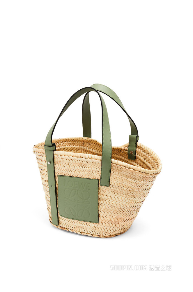 棕榈叶和牛皮革 Basket 手袋