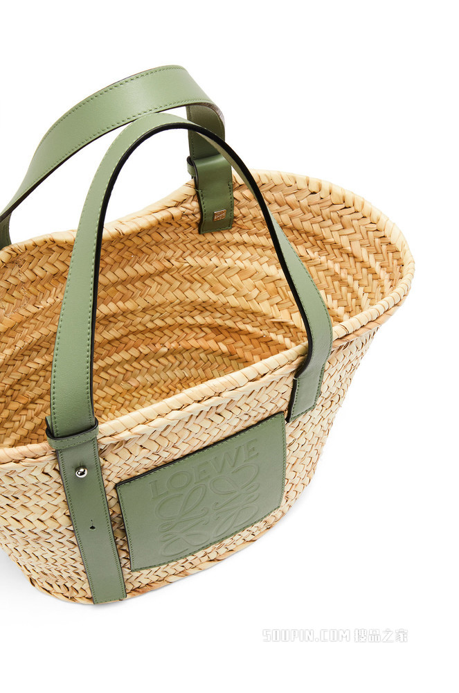 棕榈叶和牛皮革 Basket 手袋