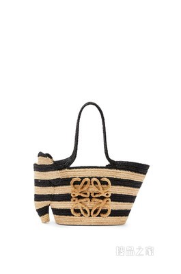 小号条纹酒椰纤维和牛皮革小象 Basket 手袋