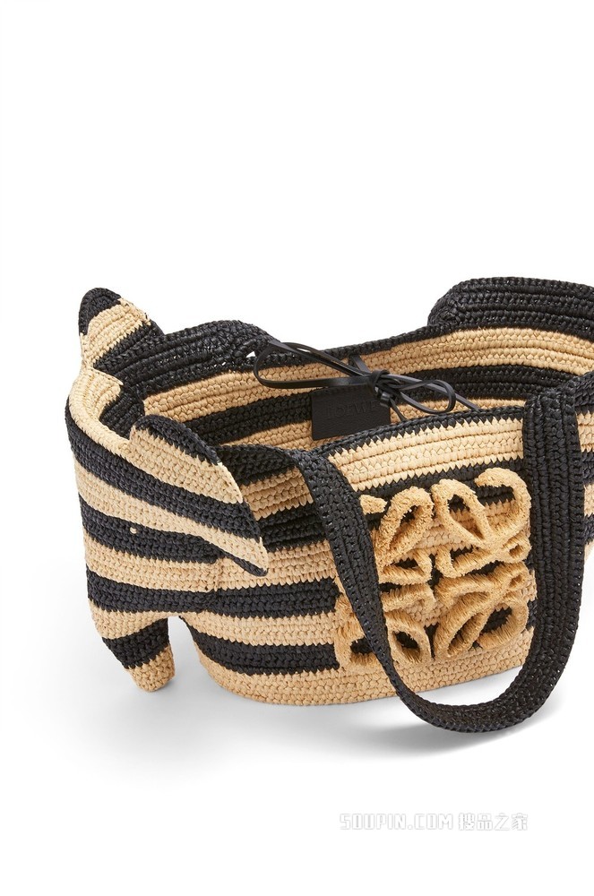 小号条纹酒椰纤维和牛皮革小象 Basket 手袋