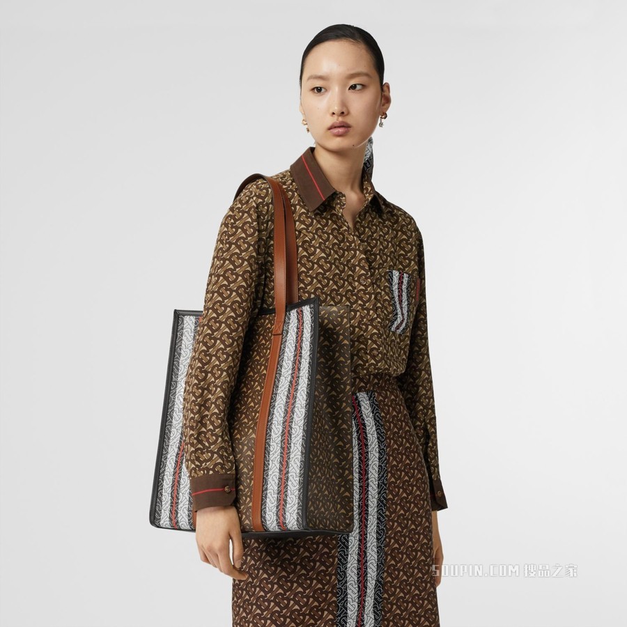 专属标识条纹竖版托特包 (马勒棕) - 女士