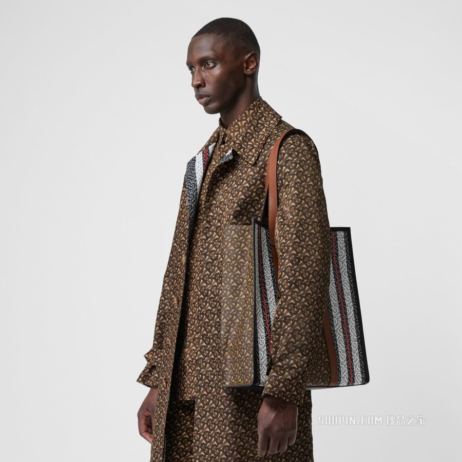 专属标识条纹竖版托特包 (马勒棕) - 女士