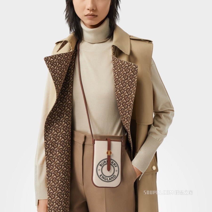 徽标图案帆布 Anne 手机保护套（含背带） (白色 / 棕褐色) - 女士