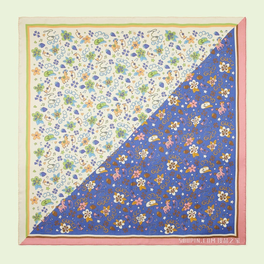 花朵和小马印花真丝披肩 深蓝色和象牙白色