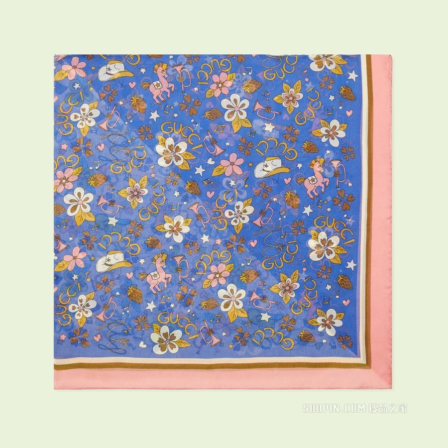 花朵和小马印花真丝披肩 深蓝色和象牙白色