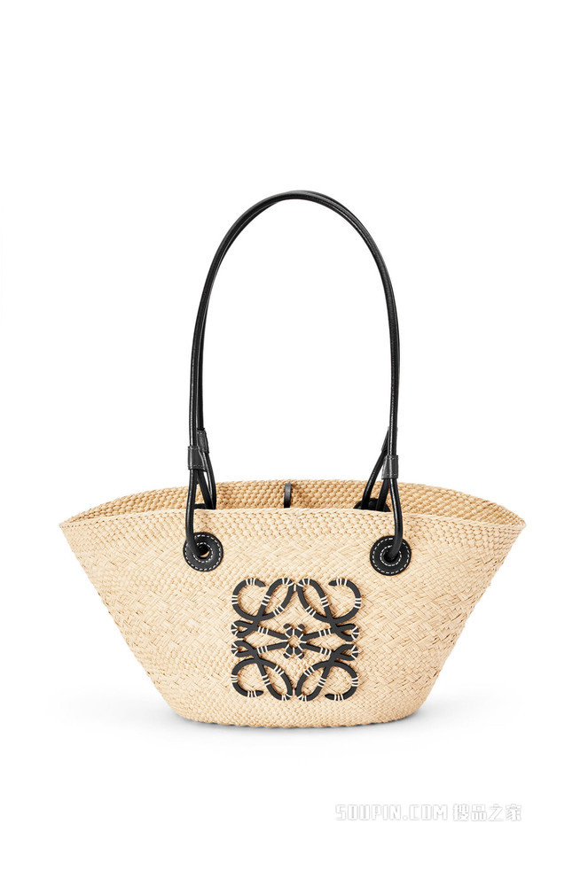 小号伊拉卡棕榈纤维和牛皮革 Anagram Basket 手袋