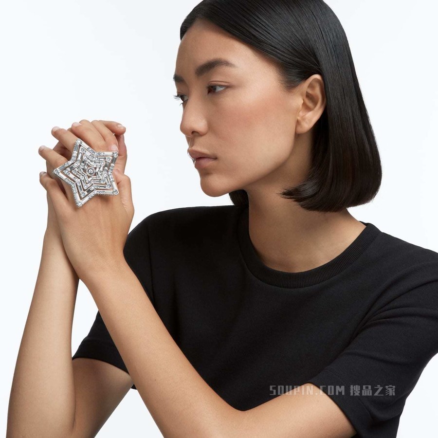 Stella 戒指, 星星, 大码, 白色, 镀铑