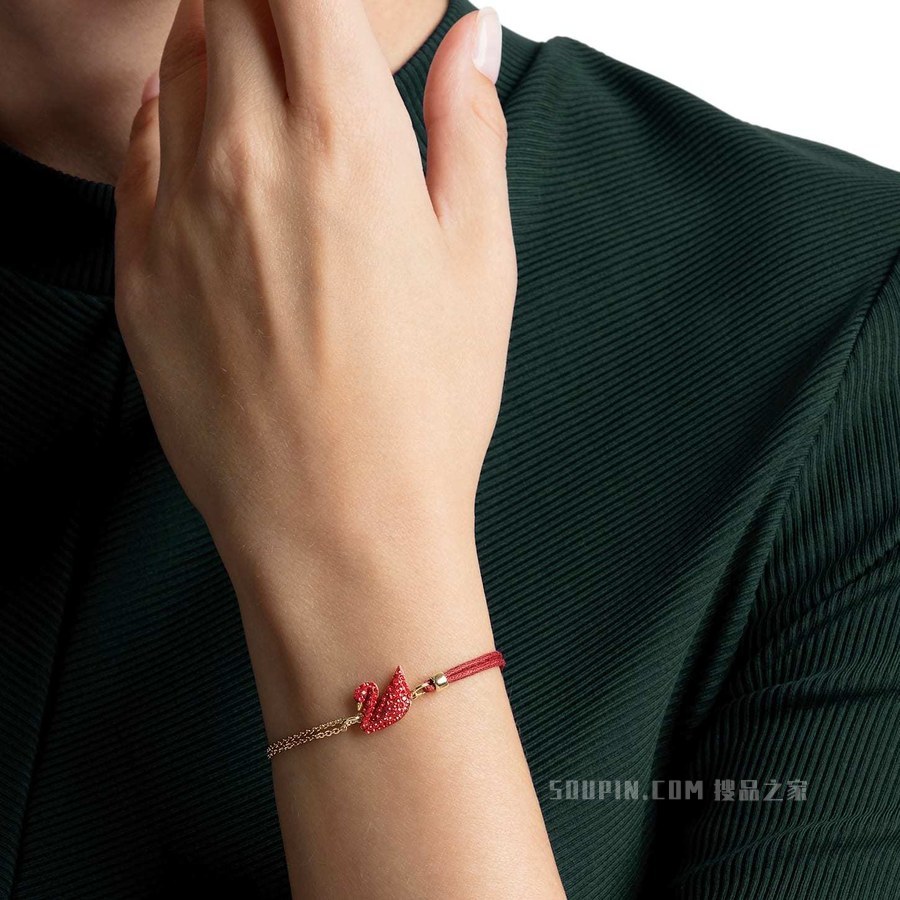 Swarovski Iconic Swan 手链, 天鹅, 红色, 镀金色调