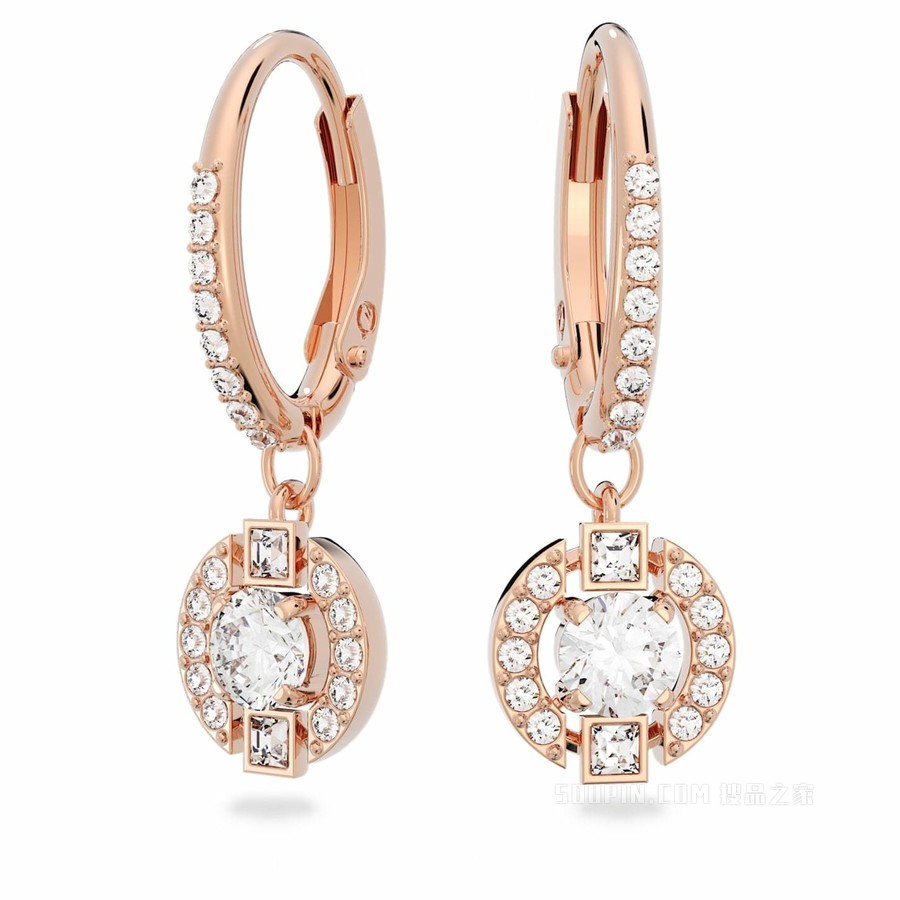 Swarovski Sparkling Dance Round 穿孔耳环, 白色, 镀玫瑰金色调