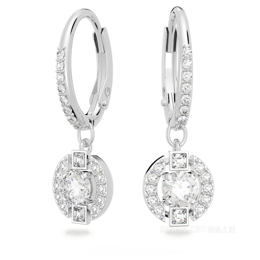 Swarovski Sparkling Dance Round 穿孔耳环, 白色, 镀铑