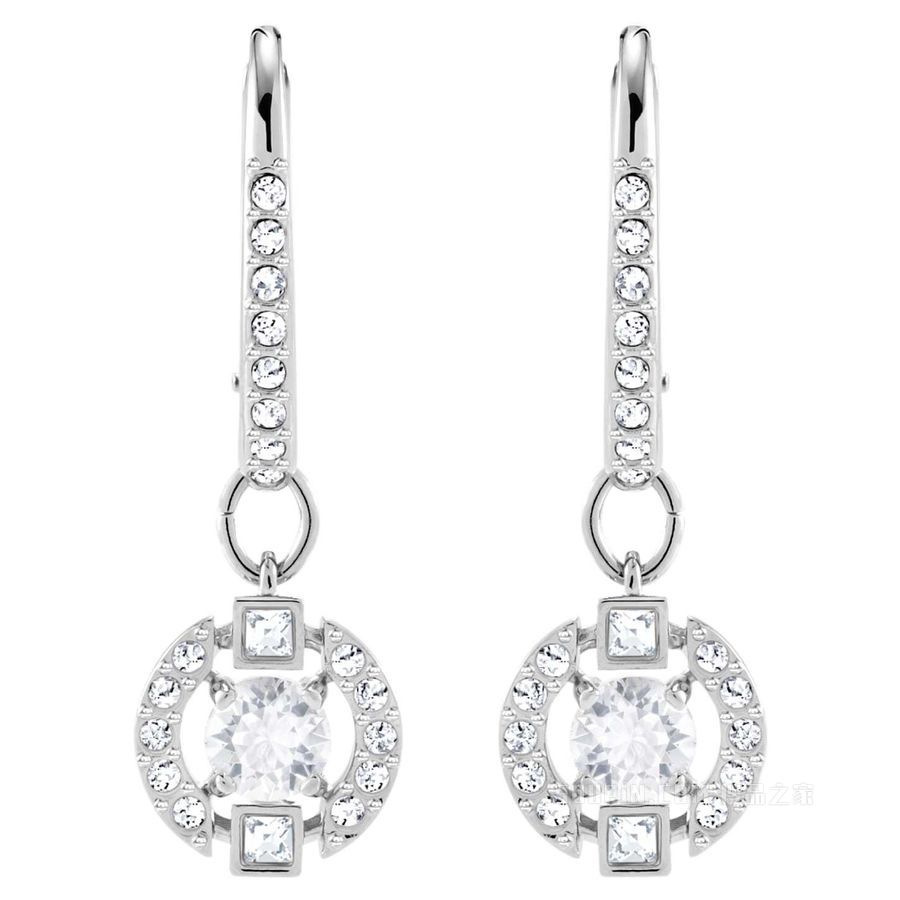 Swarovski Sparkling Dance Round 穿孔耳环, 白色, 镀铑