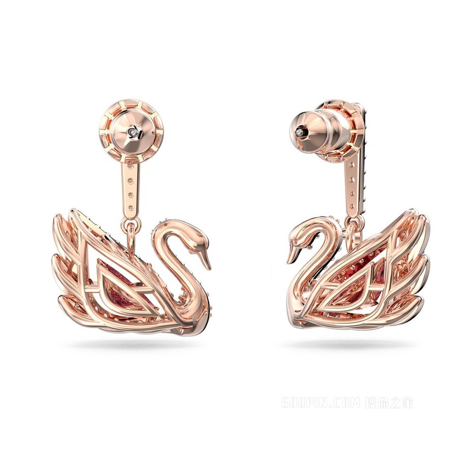 Dancing Swan 水滴形耳环, 天鹅, 红色, 镀玫瑰金色调