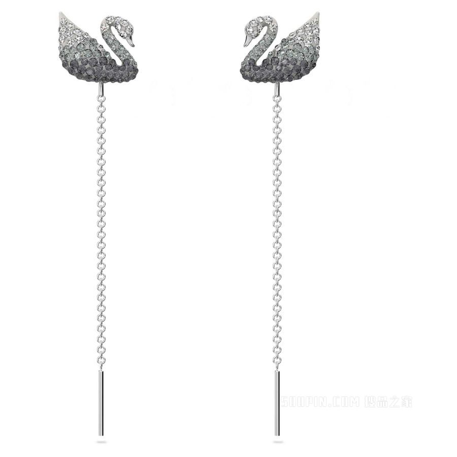 Swarovski Iconic Swan 水滴形耳环, 天鹅, 灰色, 镀铑