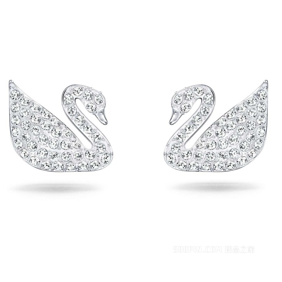 Swan Pavé 耳钉, 天鹅, 白色, 镀铑