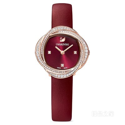 Crystal Flower 腕表, 真皮表带, 紅色, 玫瑰金色调润饰