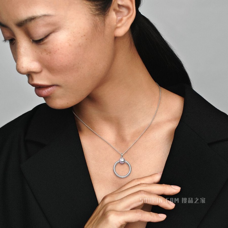 Pandora Moments粉色Pavé密镶O形吊坠 小号