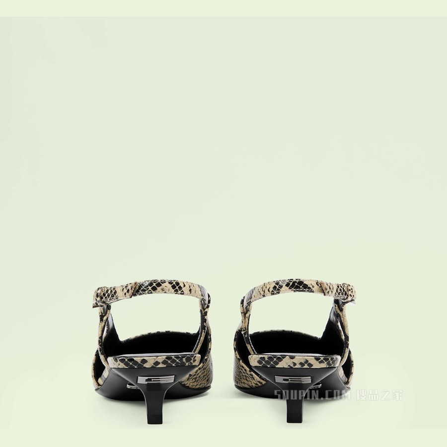 女士蟒蛇纹印花低跟浅口鞋 米色和棕色皮革