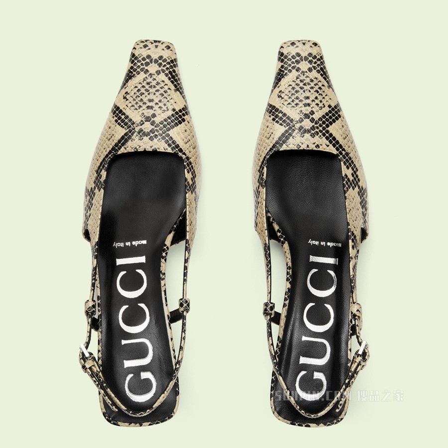 女士蟒蛇纹印花低跟浅口鞋 米色和棕色皮革