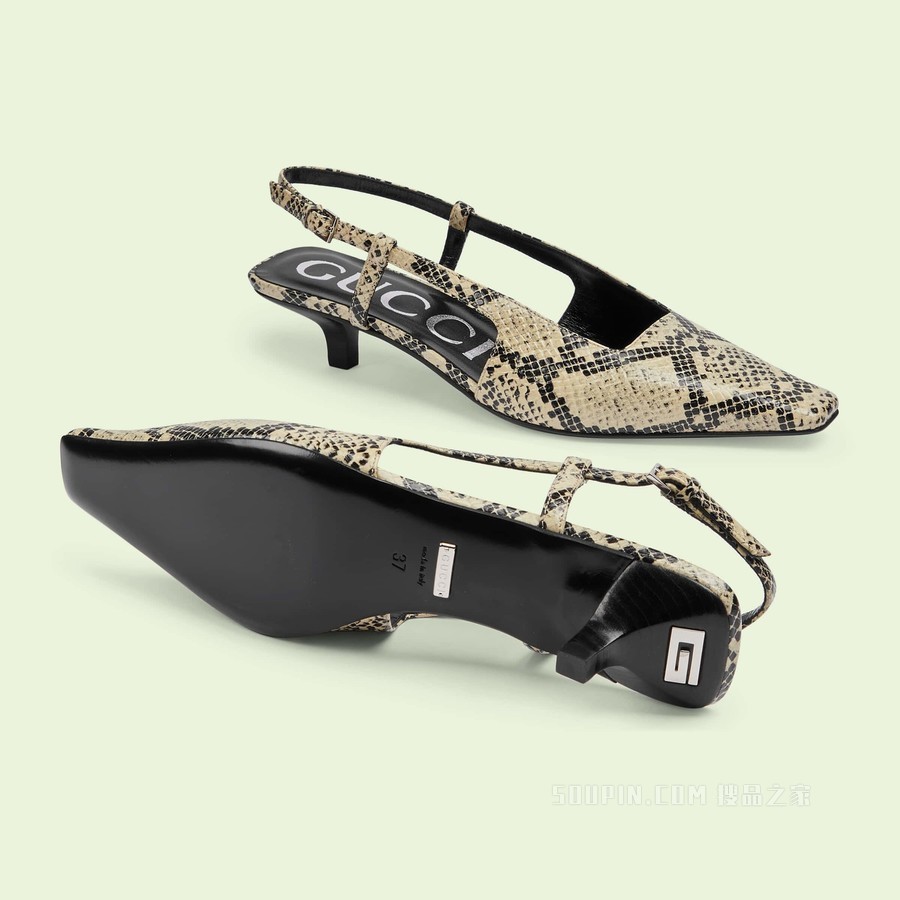 女士蟒蛇纹印花低跟浅口鞋 米色和棕色皮革