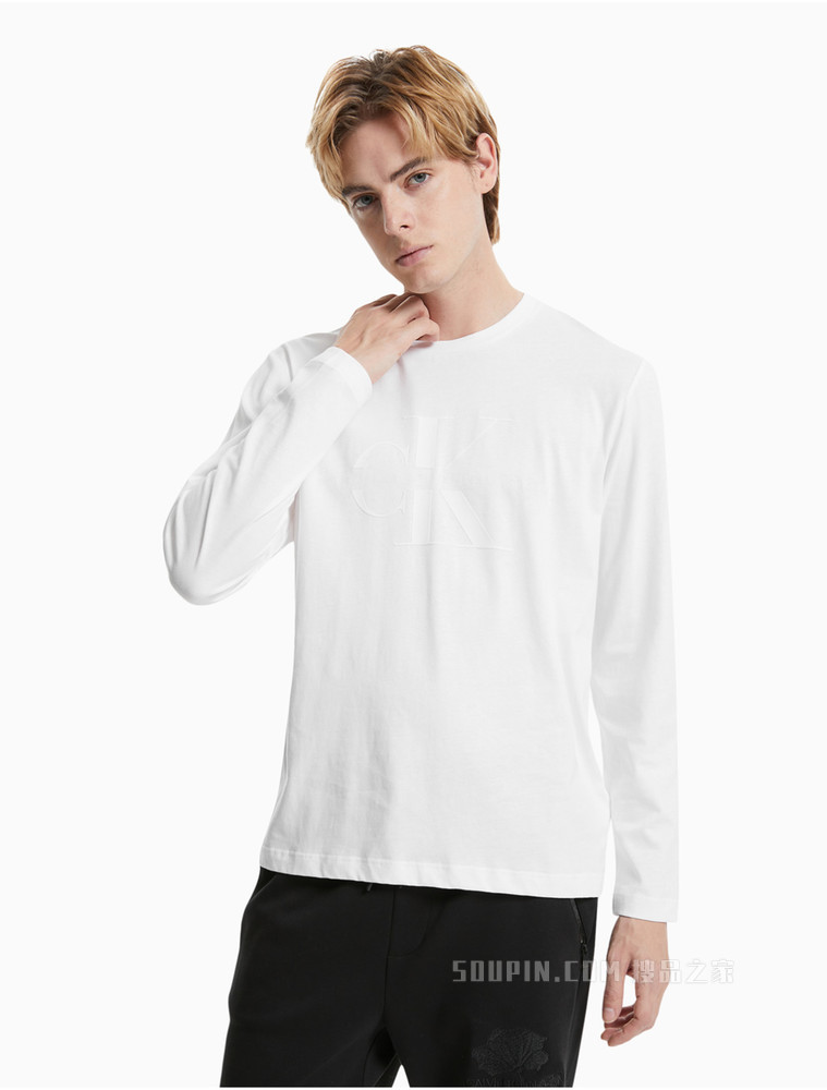 Calvin Klein 男装时尚纯棉立体植绒LOGO圆领透气打底长袖T恤J319613