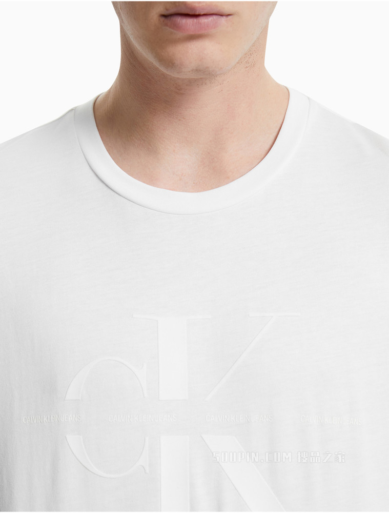 Calvin Klein 男装时尚纯棉立体植绒LOGO圆领透气打底长袖T恤J319613