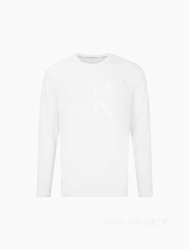 Calvin Klein 男装时尚纯棉立体植绒LOGO圆领透气打底长袖T恤J319613
