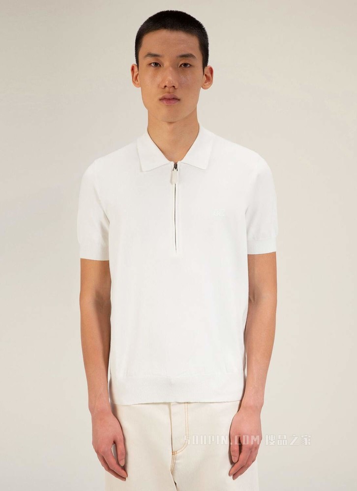 拉链式 Polo 衫 骨白色人造丝混纺 Polo 衫