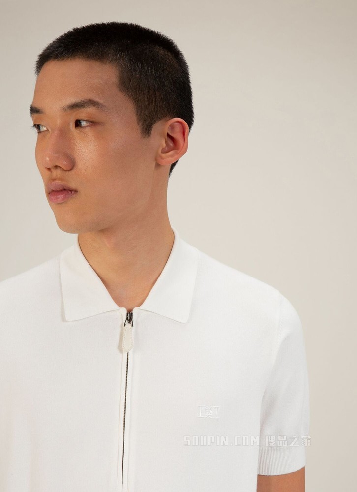 拉链式 Polo 衫 骨白色人造丝混纺 Polo 衫