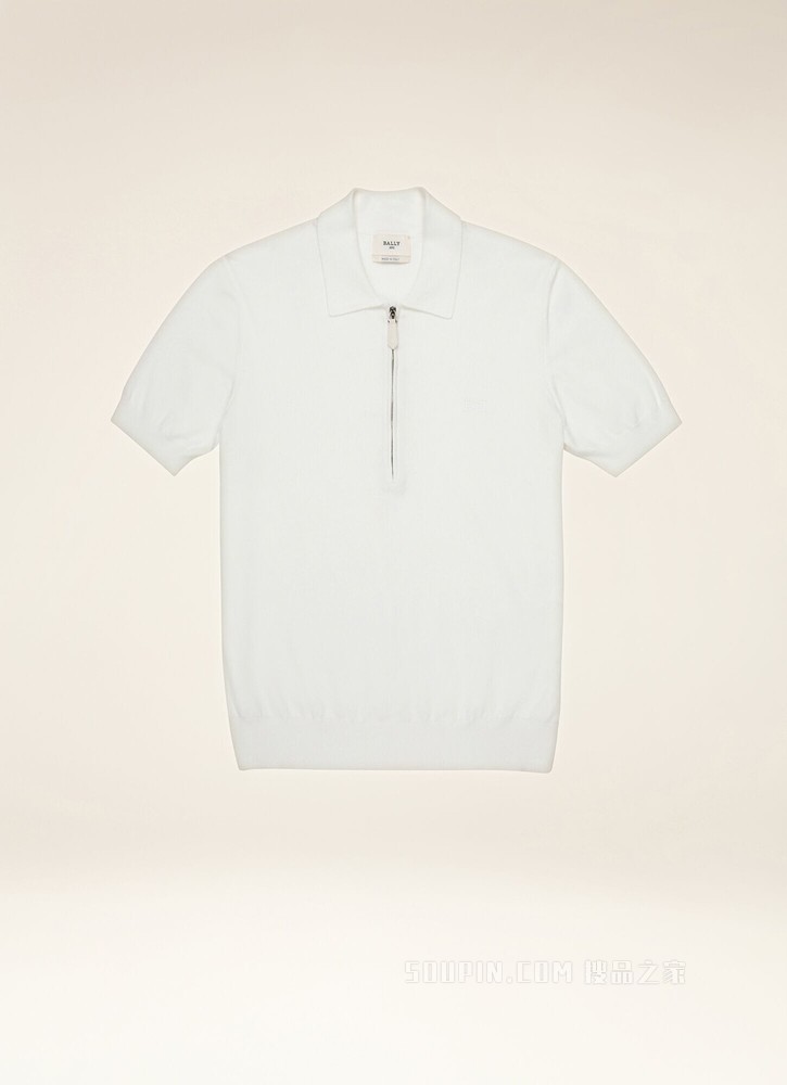 拉链式 Polo 衫 骨白色人造丝混纺 Polo 衫
