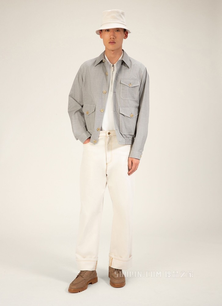 拉链式 Polo 衫 骨白色人造丝混纺 Polo 衫