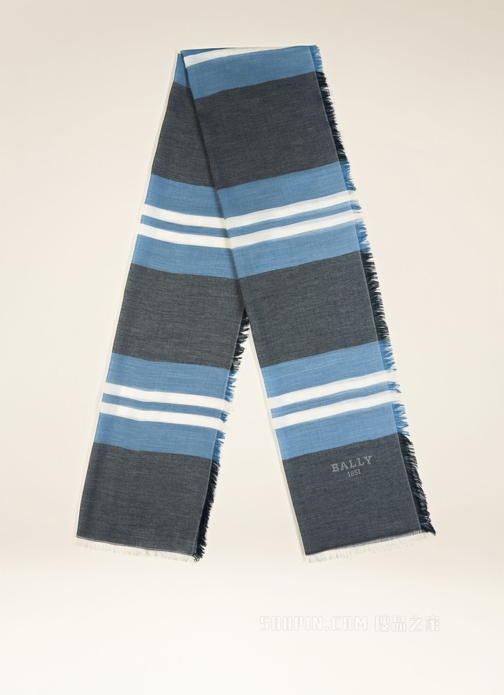 条纹围巾 蓝色棉羊绒混纺围巾
