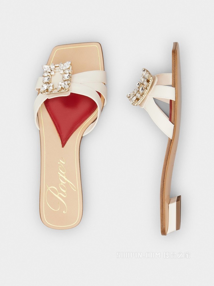 Mini Broche Vivier 钻扣皮革穆勒鞋 奶油色